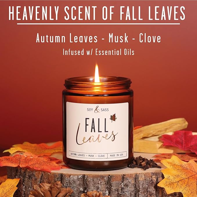 Fall Candles - 'Fall Leaves' Fall Candle w/Autumn Leaves, Clove & Musk I Infused with Essential Oils I Autumn Scented Candles I Cozy Cute Autmn Décor Gifts I 9oz Jar I 50Hr Burn I Made in USA