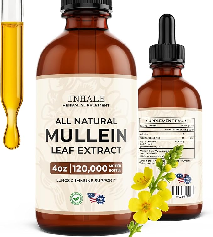 Inhale Mullein Drops for Lungs – Mullein Leaf Extract for Lung Detox, Immune Health, Mucus Relief- Made in USA - Lung Cleanse & Respiratory Support – Natural Supplement for Throat – 4oz