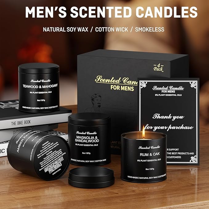 Scented Candle Gift Sets | Men's Gift Aromatherapy Candles | 4 Pack(32oz) Matte Black Tin Jar Long Burn Candle Sets for Men | Men Soy Wax Candle Gifts of Christmas,Boyfriend and Father's Day