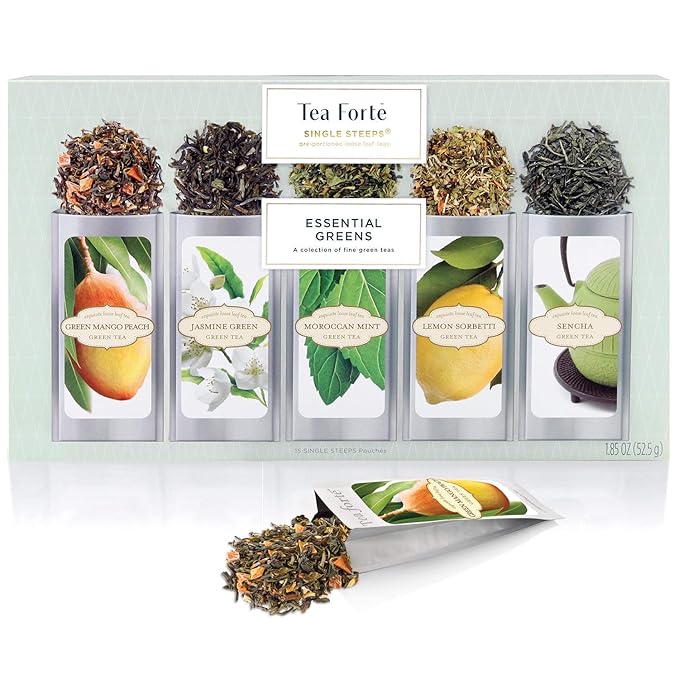 Tea Forte Green Tea Assortment Single Steeps Loose Leaf Premium Tea Gift Set Sampler, 15 Count 3 of Each Assorted Blends, Pre-Portioned Single Serve Pouches, Steeps 12 oz