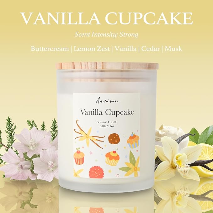 Vanilla Cupcake Scented Candle, 11oz 60 Hour Burn, Natural Soy Wax with Thick Cotton Wick, Highly Scented Aromatherapy Candle for Stress Relief & Meditation, Gifts for Women & Men