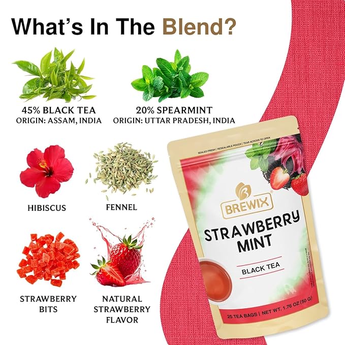 BREWIX, Strawberry Mint Tea Bags (25 Plant Based Tea Bags), Made with - Black Tea, Hibiscus, Spearmint, Fennel, Strawberry | Caffeinated & Sugar-Free