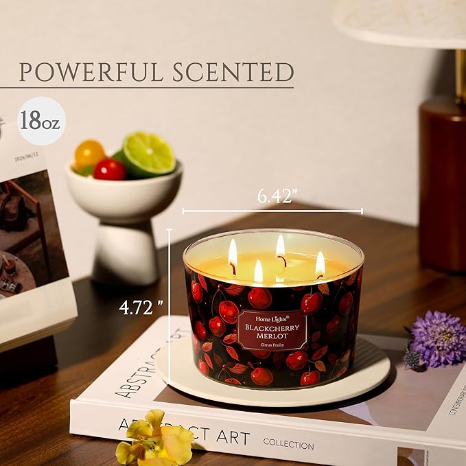 HomeLights Soy Wax Candles for Home Scented, 4-Wick Candles in Blackcherry Merlot Scented, Aromatherapy Candles Gift for Parties, Relaxing, Eclectic Mixed Styles, 18oz