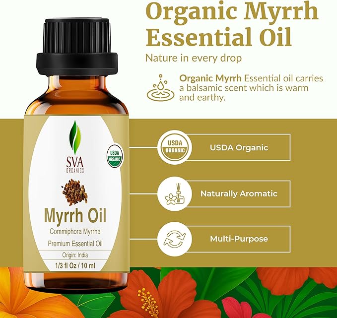 SVA Myrrh Essential Oil Organic – 1/3 Fl Oz – 100% Natural Organic Myrrh Oil - for Diffuser, Hair Care, Face, Skin Care, Aromatherapy, Scalp and Body Massage, Soap and Candle Making