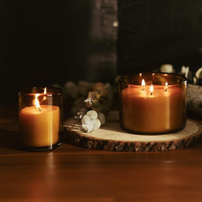 Bluecorn Beeswax Large 3-Wick Candle, 100% Pure Beeswax with Cedarwood, Nutmeg & Lavender Essential Oils, Amber Glass, Soy Free, Clean Burning Candle Wax, Long Lasting, Home Decor, 8 Oz, 1 Count