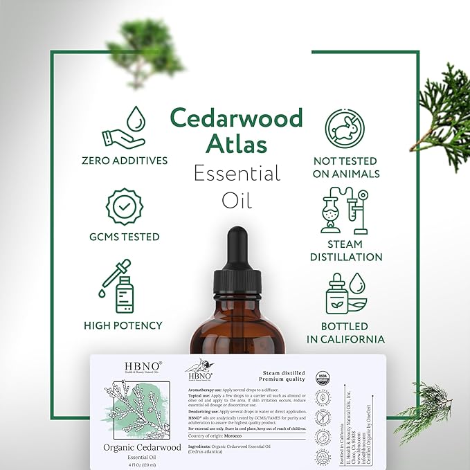 HBNO Organic Cedarwood Essential Oil - Huge 4 oz (120ml) Value Size - USDA Certified Organic Cedarwood Essential Oil for Aromatherapy, Soap Making, DIY, Fragrances, Diffuser.