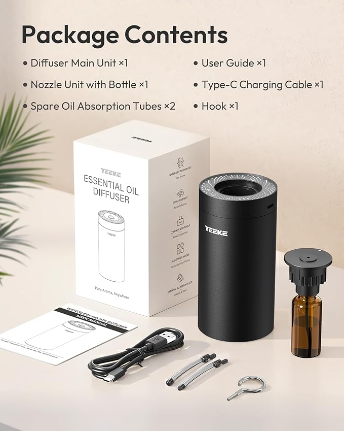 Waterless Essential Oil Diffuser – Portable Aromatherapy Diffuser with 20mL Capacity, 3 Timer & Mist Modes, Battery Operated Scent Air Machine for Home, Office, Car – Black