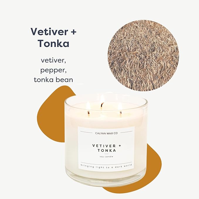 Calyan Wax Co. Vetiver & Tonka 3 Wick Scented Candle - 43 Hour Burn - Luxury 3 Wick Soy Candles - Non Toxic Soy Wax Candles - Long Lasting Large Glass Jar Candle for Home - 14.9oz