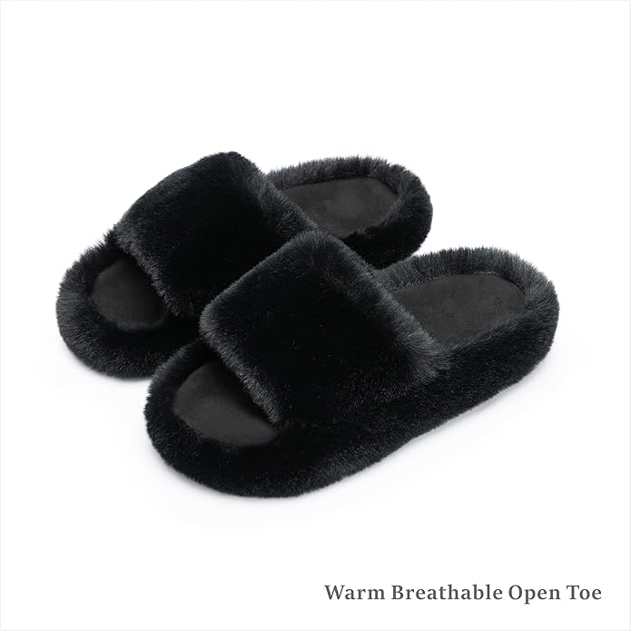 Chantomoo Women's Blue Memory Foam Faux Fur Lined Open Toe Slippers for Women - US 12