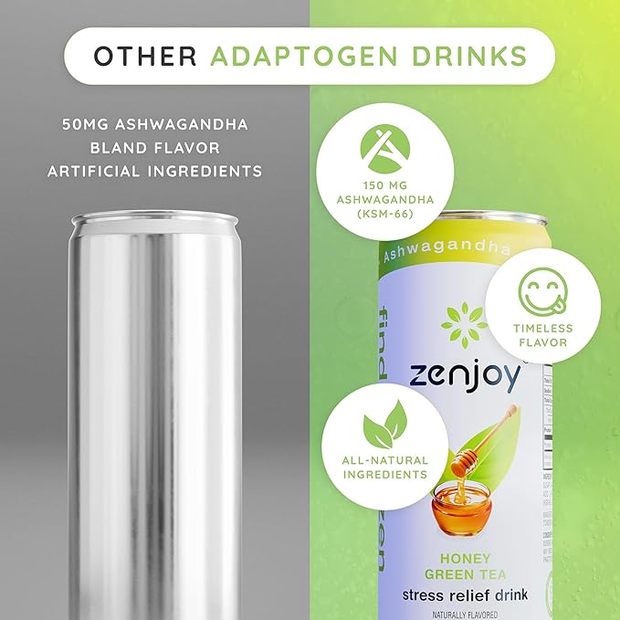 Stress Relief Drink, Calming Green Tea, Non Alcoholic, Ashwagandha & Lemon Balm for Stress Relief, L - Theanine for Focus (12 Pack) (Honey)