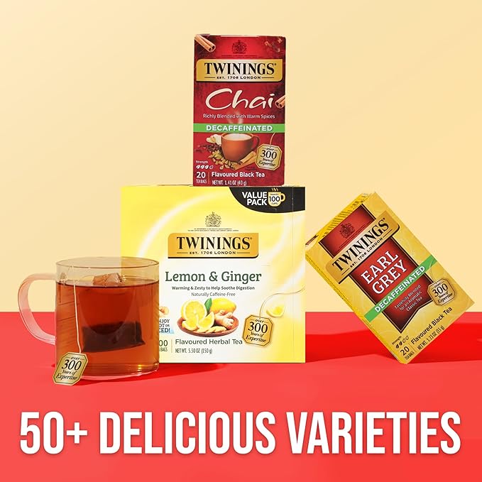 Twinings Decaffeinated Chai Individually Wrapped Bags, 20 Count (Pack of 1), Sweet, Savoury Spices, Enjoy Hot or Iced, 20 Teabags