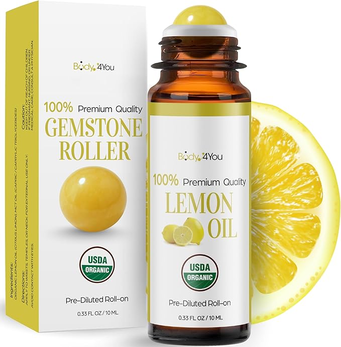 BodyJ4You Lemon Essential Oil Roll On - Pure 100% USDA Organic MCT Coconut Oil - Natural Yellow Jade Stone Roller - Uplift Aroma Wrist Neck Cuticle Breathwork - Amber Glass Bottle Rollerball (10ml)