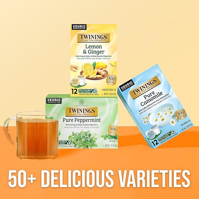 Twinings Pure Peppermint Herbal Tea 72 K-Cup Pods for Keurig, 12 Count (Pack of 6), Made with 100% Pure Peppermint, Naturally Caffeine-Free, Enjoy Hot or Iced