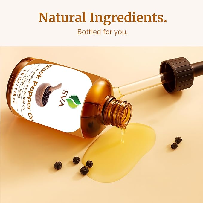 SVA Black Pepper Essential Oil – 4 Fl Oz – 100% Natural Black Pepper Oil - for Diffuser, Hair Care, Face, Skin Care, Aromatherapy, Scalp and Body Massage, Soap and Candle Making – with Dropper