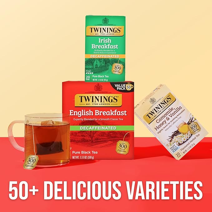 Twinings Decaffeinated Irish Breakfast Black Tea Individually Wrapped Bags, 20 Count (Pack of 1), Flavourful, Robust, Enjoy Hot or Iced, 20 Teabags