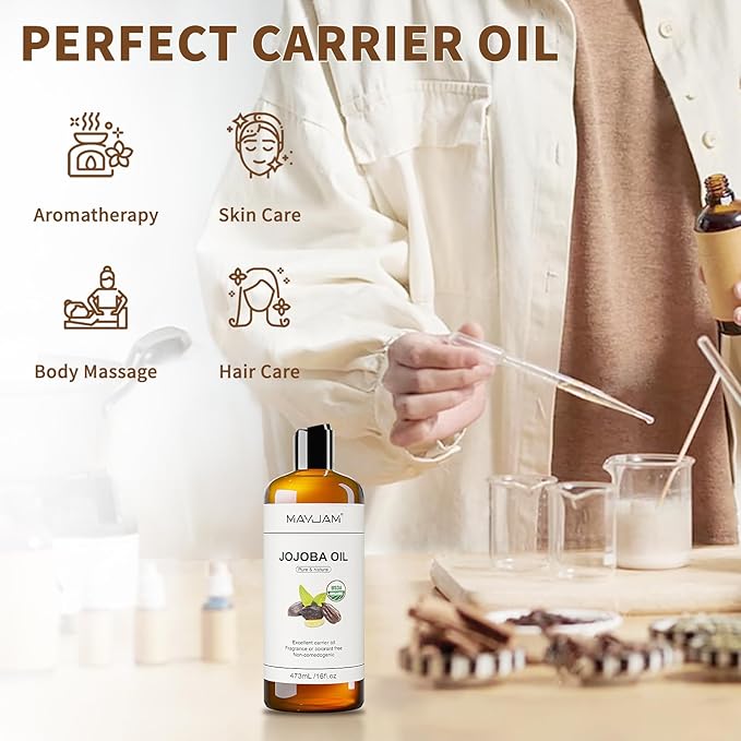 MAYJAM Jojoba Oil Organic USDA Certified 16 Oz, 100% Pure & Natural Jojoba Oils for Skin, Hair, Face, Nails, Body Massage, Cold Pressed Unrefined Carrier Oil for Essential Oils Mixing