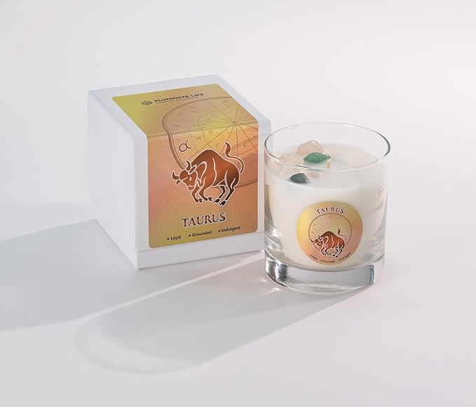 Luxury Glass Jar Candle, Taurus Zodiac Sign, 8.8 oz - Crystal Infused - Scents of Geranium, Fern, Cedar & Amber - Made in USA, Hand Poured, Coconut-Soy Wax, Essential Oil, Dr. Developed