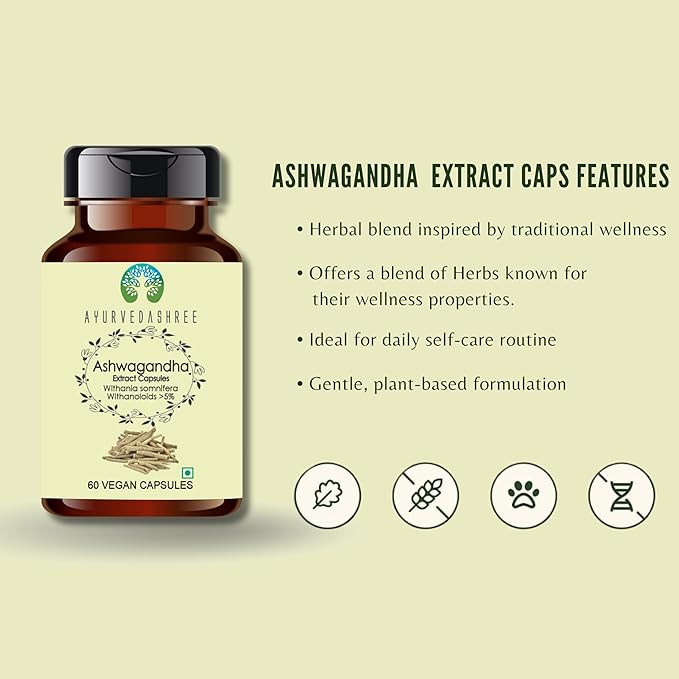 Ashwagandha Root Extract 500mg - 60 Vegetarian Capsules | Withania Somnifera Withanoloids | All Natural | 100% Vegan | Gluten-Free.