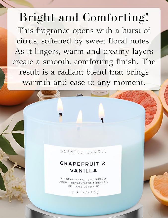 Grapefruit Vanilla 3 Wick Scented Soy Candle, 15.8 oz - Citrus & Vanilla Aromatherapy Stress Relief Candle for Home - Long Lasting Clean Burn, Highly Scented, Strong Throw - Housewarming Gift