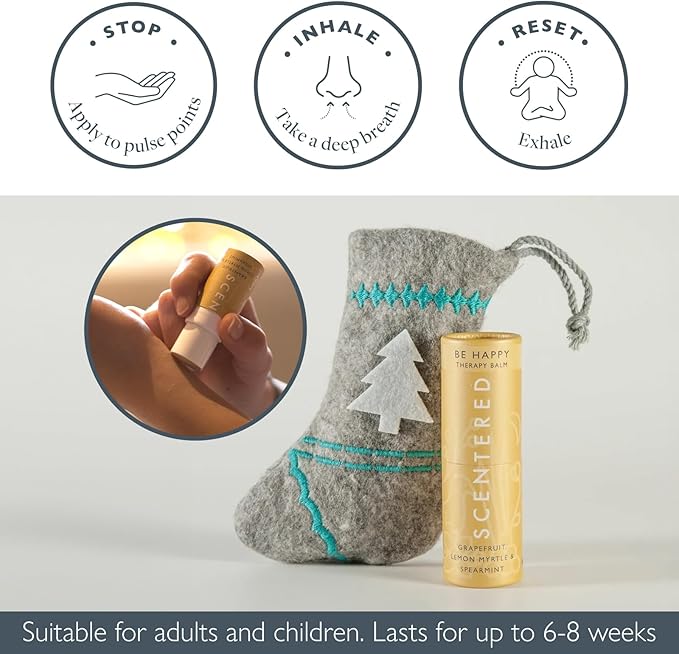 Scentered Happy Aromatherapy Essential Oils Balm Christmas Stocking Gift - for Feelings of Positivity & Gratitude - Lemon, Grapefruit, Cedarwood - Self-Care Stocking Stuffers for Women