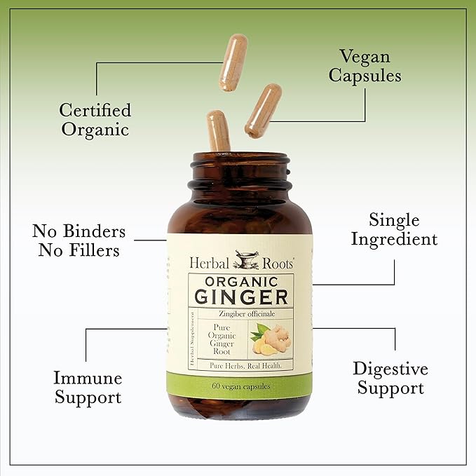 Herbal Roots Ginger Supplement | Organic Ginger Root Capsules | 1,200 mg of Pure Ginger Powder per Serving | 60 Vegan Capsules