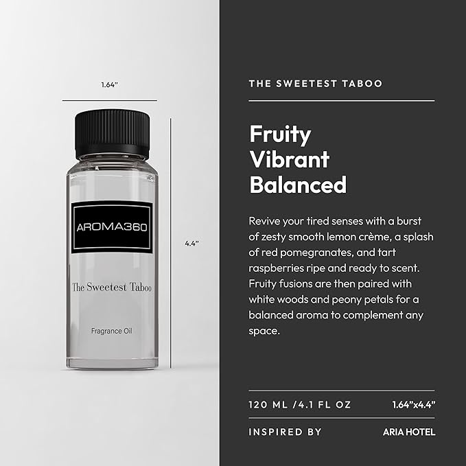 Aroma360 - The Sweetest Taboo Fragrance Oil Scent - Luxury Aromatherapy Scent Diffuser Oil - Hints of Lemon Crème, Pomegranates, & Raspberries - For Essential Oil Diffusers - For Home & Office - 120mL