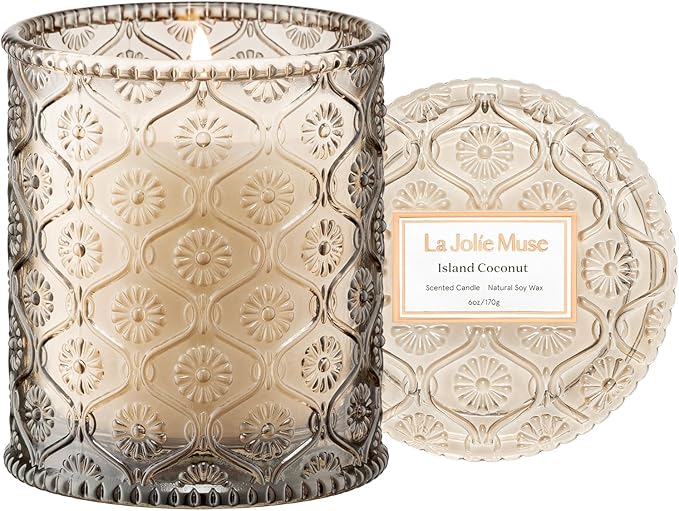 LA JOLIE MUSE Island Coconut Scented Candle – Coconut, Peach & Vanilla | 6oz Luxury Soy Candle | 40 Hours Clean Burn| Gift-Ready for Hosts & Gatherings | Elegant Home Décor