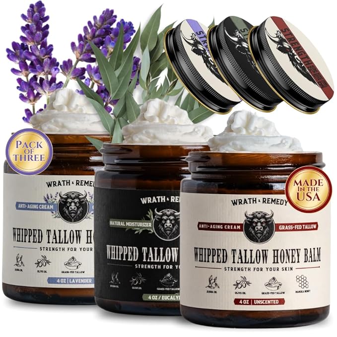 Organic Beef Tallow for Skin - 4 OZ (Pack of 3) — Grass Fed Beef Tallow for face + Body — US-Made Whipped Tallow and Honey Balm Moisturizer for Dry and Sensitive Skin, Eczema, Rosacea (No Additives)