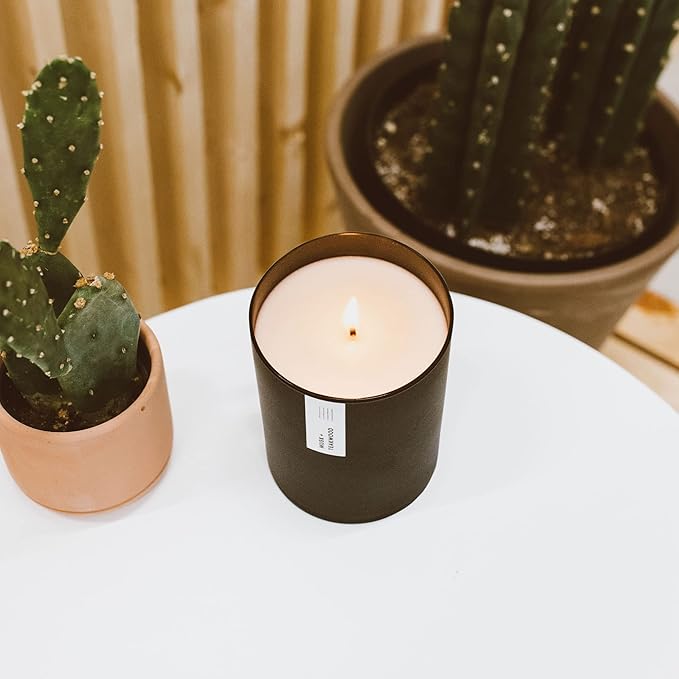 Calyan Wax Co. Musk & Teakwood Scented Candle - 75 Hour Burn - Luxury Non Toxic Soy Wax Candles - Long Lasting Black Tumbler Jar Candle for Home - 10.2oz