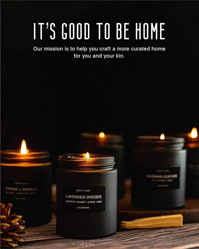 Craft & Kin Premium Lavender Woods Candle | Black Christmas Scented Candles for Men | Long Lasting with 45 Hour Burn Time, 7.6oz | Soy Holiday Candle | Aromatherapy at Home | Gifts for Men