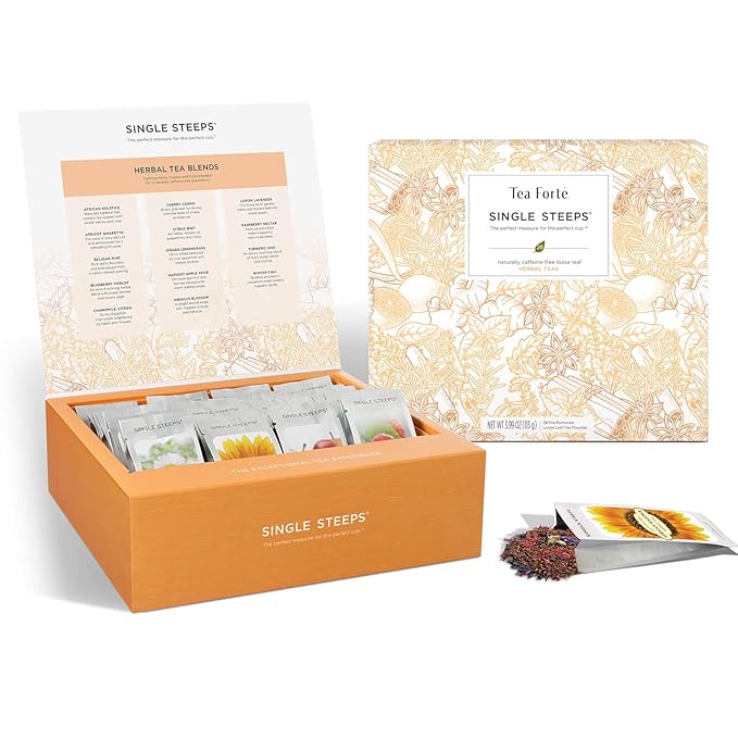 Tea Forte Herbal Tea Assortment Single Steeps Loose Leaf Premium Tea Gift Set Sampler, 28 Count, 2 of Each Assorted Blends Pre-Portioned Single Serve Pouches, Steeps 12 oz