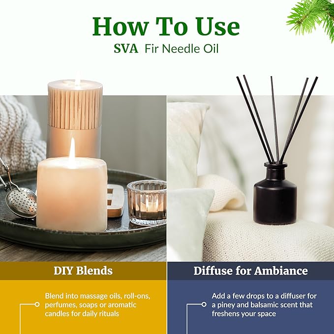 SVA Fir Needle Essential Oil – 4 Fl Oz – 100% Natural Fir Needle Oil - for Diffuser, Hair Care, Face, Skin Care, Aromatherapy, Scalp and Body Massage, Soap and Candle Making – with Dropper