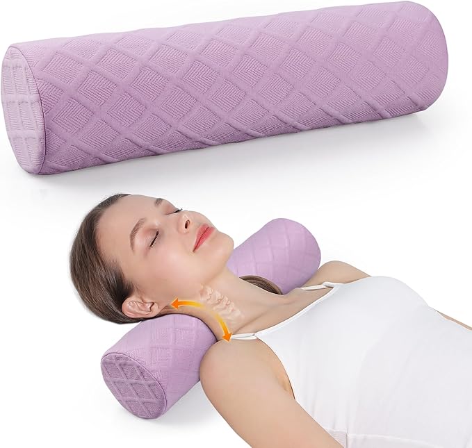 Cozyhealth Cervical Roll Pillow, Medium Soft Memory Foam Neck Round Pillow Cylinder Bolster Pillow for Sleeping, Round Neck Support for Bed, Legs, Back and Yoga (Purple, Large - 4.7" H)