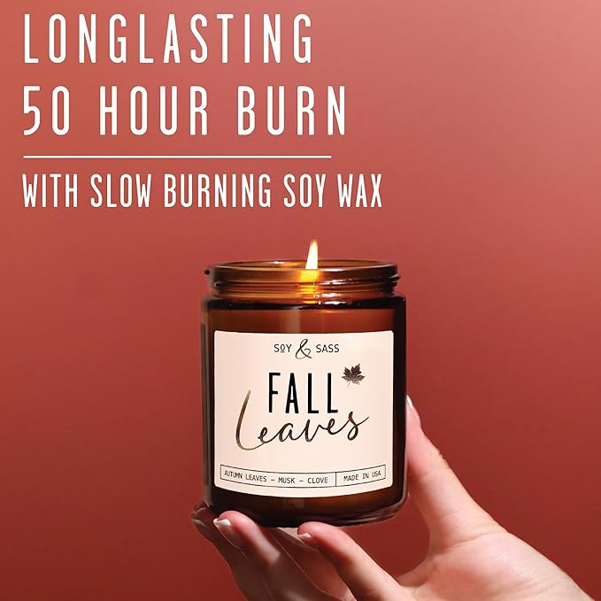Fall Candles - 'Fall Leaves' Fall Candle w/Autumn Leaves, Clove & Musk I Infused with Essential Oils I Autumn Scented Candles I Cozy Cute Autmn Décor Gifts I 9oz Jar I 50Hr Burn I Made in USA