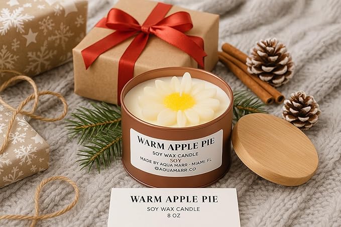 Aqua MARR Handcrafted Warm Apple Pie Soy Wax Candle, 8oz, Gold Metallic Jar with Decorative Top