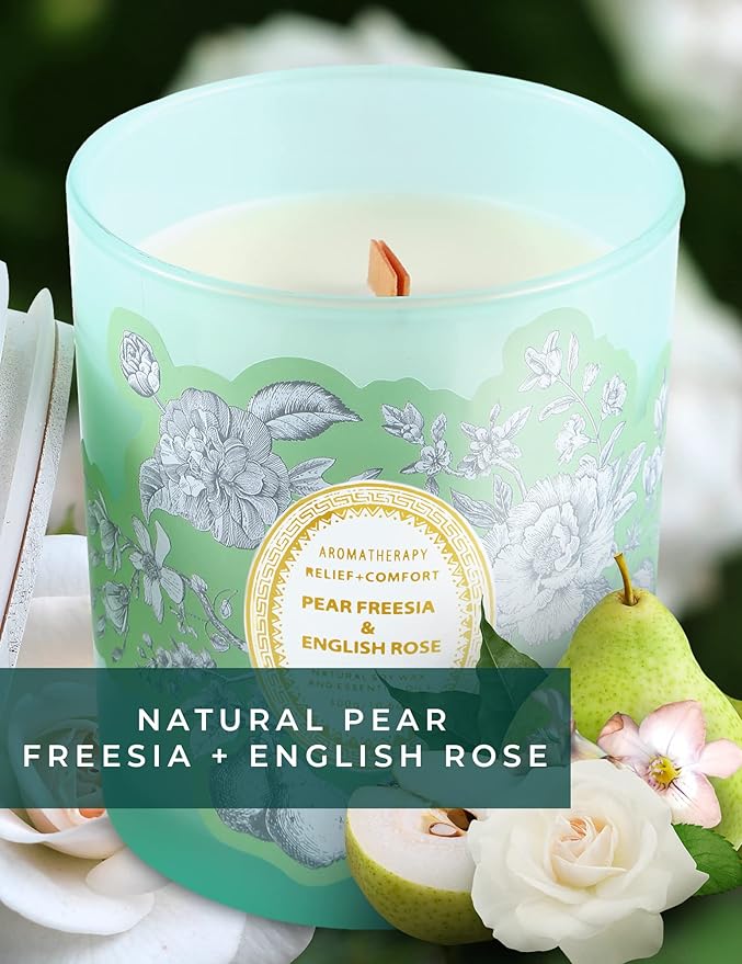 Pear Freesia & English Rose Wood Wick Soy Scented Candle | Aromatherapy Stress Relief Candle for Home 10.6 oz | Long-Lasting Clean Burn | Gift for Women & Men