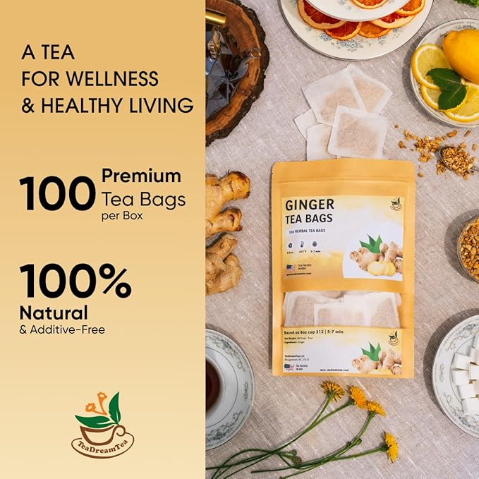 TeaDreamTea Ginger Tea Bags - 100 Bleach-Free Tea Bags | Caffeine Free, Antioxidant, Calms Upset Stomach - Strengthen Immune System - Herbal Ginger Tea