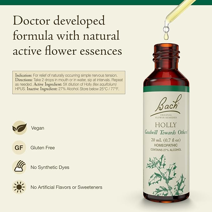 Bach Original Flower Remedies, Holly - Goodwill Towards Others - Natural Homeopathic Flower Essence for Emotional Balance - Vegan, Gluten Free, Sugar Free - 20mL Dropper
