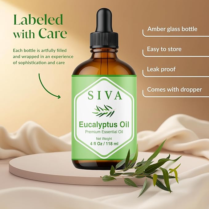 Siva Eucalyptus Essential Oil - 4 Fl Oz – 100% Natural Eucalyptus Oil - for Diffuser, Face, Skin Care, Aromatherapy, Hair Care, Scalp and Body Massage - with Dropper
