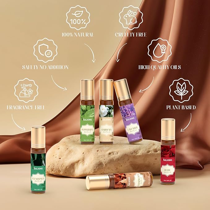 SALKING Essential Oils Roll On Set (6 Pack), Aromatherapy Oil with Roller Ball for Skin Use, Natural Fragrance Gift for Women and Men - Sandalwood, Eucalyptus, Peppermint, Lavender, Rose, Gardenia