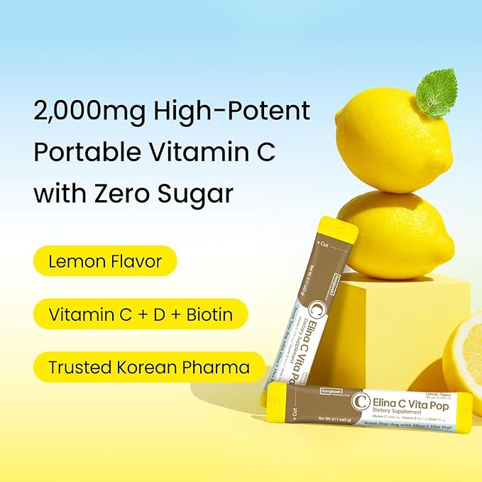 Vita Pop Korean Vitamin C Powder 2,000mg High Absorption for Daily Immune Support, Zero Sugar, Vitamin D & Biotin for Skin, Lemon Vitamin C Drink Korean Health Supplement, Non-GMO, 30 Packets