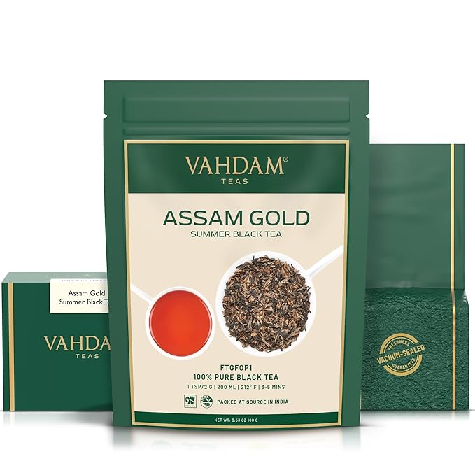 VAHDAM, Second Flush ASSAM GOLD (50 Cups) | 100% PURE UNBLENDED Black Tea Loose Leaf | Black Tea Leaves with GOLDEN TIPS | Brew as Hot or Iced Tea | 3.53oz