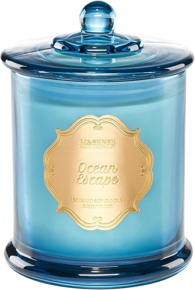 M&SENSE Summer Ocean Scented Candles for Home, Organic Soy Candles Non Toxic, Relaxing Aromatherapy Candles for Bath Spa, 2 Wick 12.7oz Large Candle 75 Hour Long Lasting Slow Burning