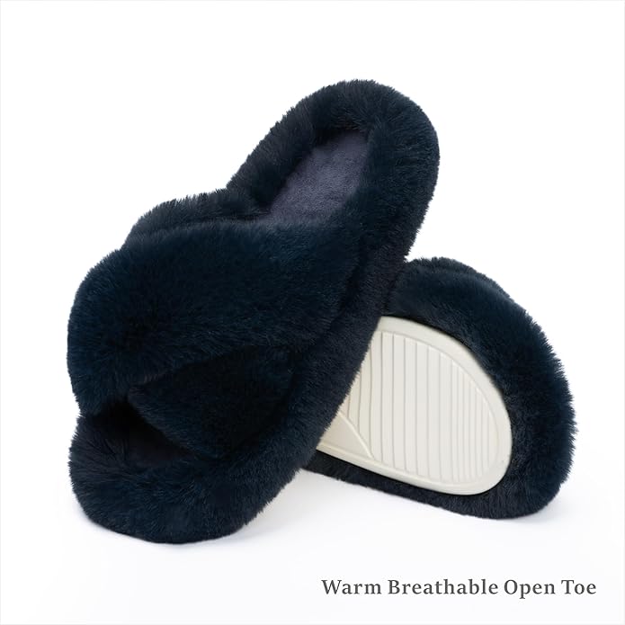 Chantomoo Women's Blue Memory Foam Faux Fur Lined Open Toe Slippers for Women - US 12