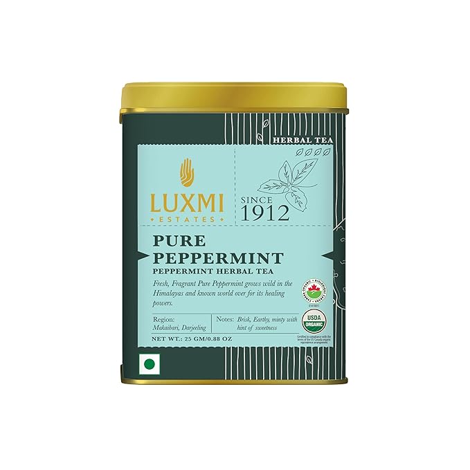 Luxmi Estates Purely Peppermint 25gm Tin | USDA Certified Organic Herbal Tea | Mint Tea Best for Night Time