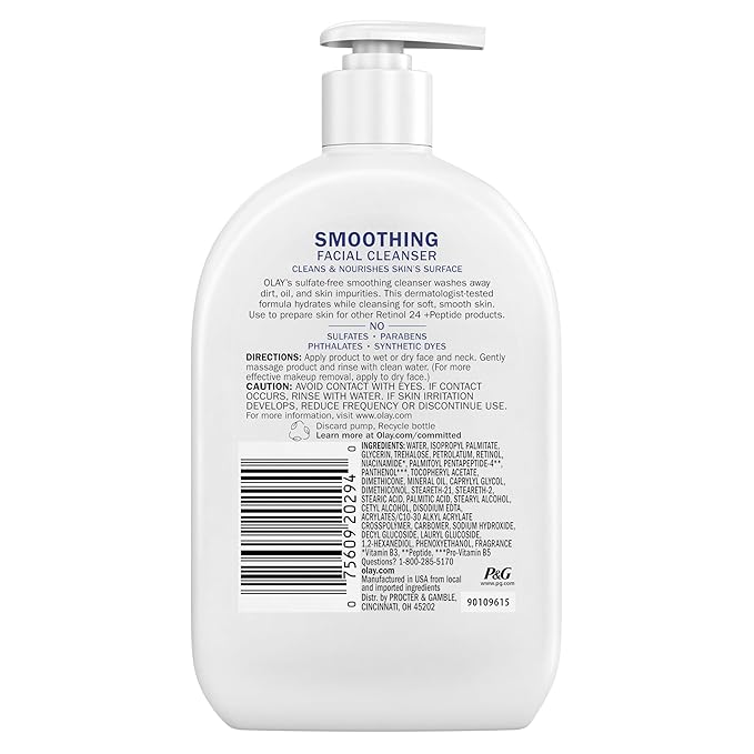 Olay Face Wash, Daily Facial Cleanser with Retinol, Peptides & Glycerin - Smoothing, Noursihes Skin Surface, Hydrates while Cleansing - Sulfate-Free, Paraben-Free, 16 Oz, (Pack of 2)