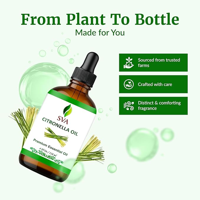 SVA Citronella Essential Oil – 4 Fl Oz – 100% Natural Citronella Oil - for Diffuser, Hair Care, Face, Skin Care, Aromatherapy, Scalp and Body Massage, Soap and Candle Making - with Dropper