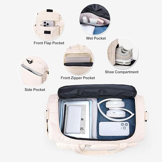 Quilted Gym Bag for Women, Cute Travel Duffel Bag with Shoe Compartment & Wet Pocket, Lightweight Puffer Weekender Overnight Bag, Travel Carry On for Sport, Hospital, Yoga