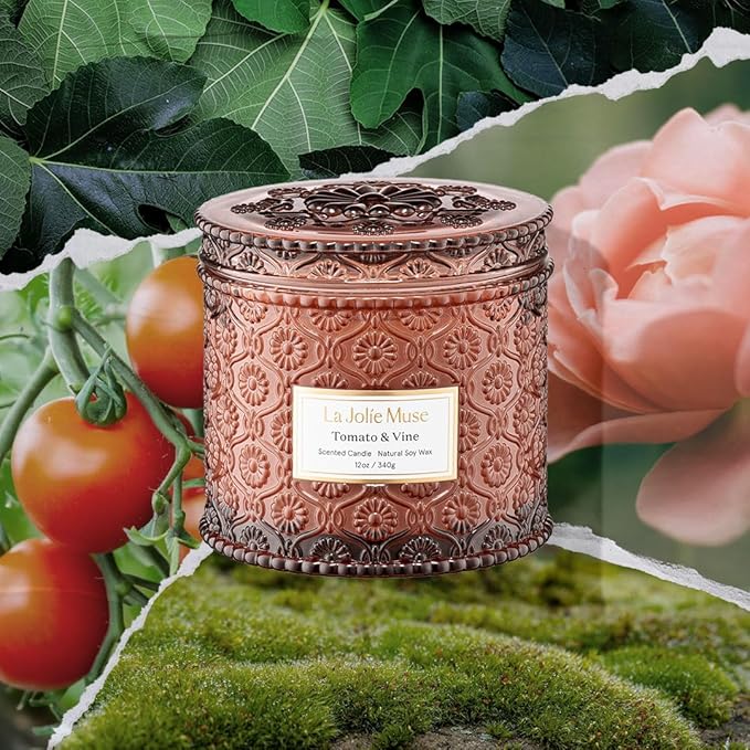 LA JOLIE MUSE Tomato & Vine Candle - Tomato Leaf, Rose, Moss | 12 oz Large 2-Wick Soy Wax Candle | 60 Hours Clean Burn | Fresh Garden Scented Candle | Gift-Ready for Hosts & Gatherings