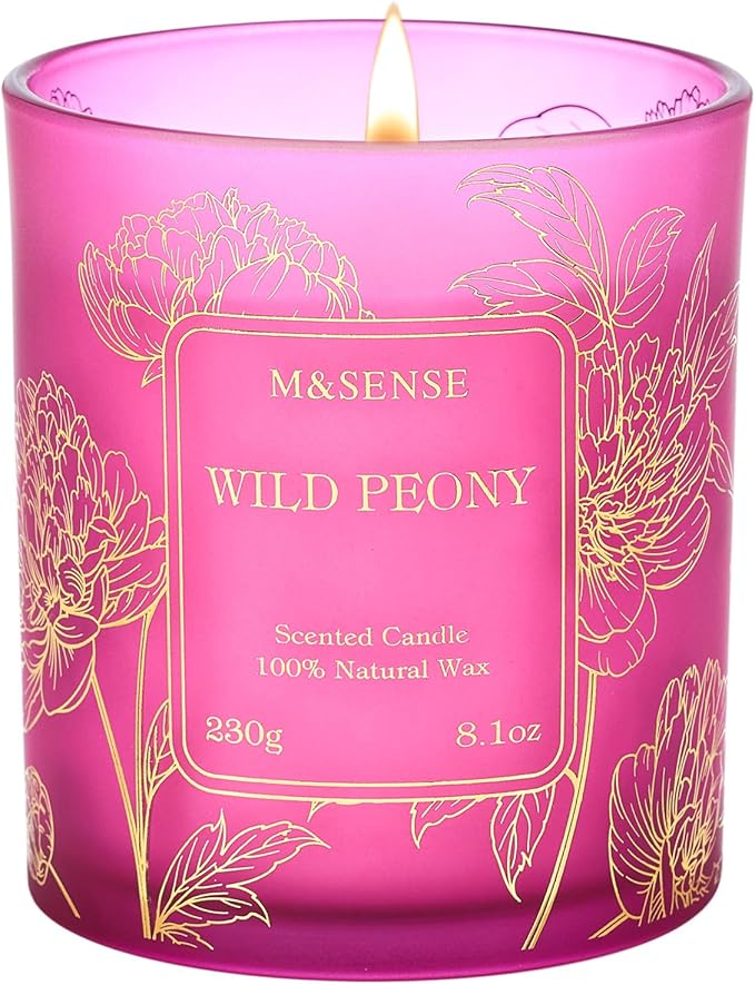 M&SENSE Wild Peony Floral Soy Candles, Vegan Subtle Scented 8.1oz 42-Hour Long Lasting, Non Toxic Candle for Bathtub Date Night Romance, Winter Home Fragrance Gifts for Her